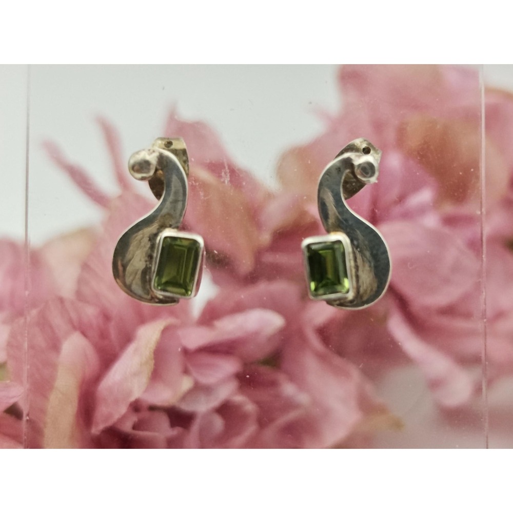 Peridot Sterling Silver Handmade Curvy Art Deco Style Post Earrings